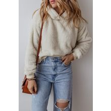 White Contrast Ribbed Edge Plush Hoodie