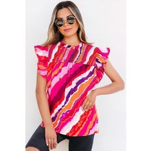 Rose Abstract Print Shirred Yoke Ruffled Blouse