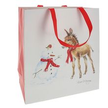Christmas Gift Bag Donkey Snowman Robin Red Ribbon Handles Tag 22.5 x 17.5 cm