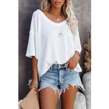 White Waffle Knit Drop Shoulder Loose Top