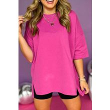 Rose Red Longline Short Sleeve Side Slit Drop Shoulder Top