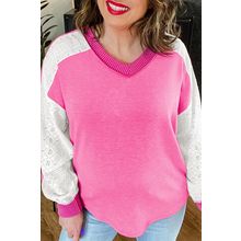 Bonbon Lace Striped Patchwork Long Sleeve Corded V Neck Plus Size Top