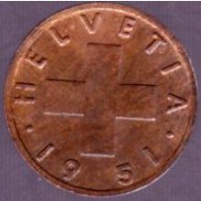 1951 B Switzerland 1 Rappen Coin