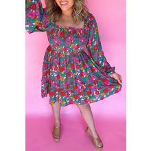 White Plus Size Floral Frilled Square Neck Shirred Long Sleeve Dress