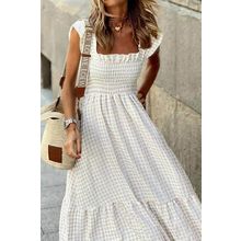 Khaki Plaid Ruffled Sleeve Smocked Maxi Dress