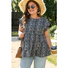 Black Leopard Print Ruffled Short Sleeve Keyhole Back Tiered Flowy Plus Size Blo
