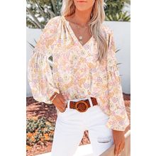 Golden Apricot Floral Print V Neck Long Puff Sleeve Top