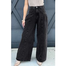 Dark Grey Pleated Wide Leg Mineral Wash Denim Pants