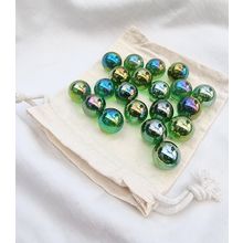 LUSTERED GREEN 25 Glass Marbles, Iridescent, Transparent, 16mm with Cotton Pouch