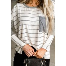 Stripe Patchwork High Low Side Slits Long Sleeve Top