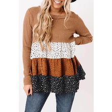 Brown Ribbed Long Sleeve Dotted Tiered Ruffled Flowy Top