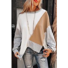 Flaxen Colorblock Stitching Irregular Hem Long Sleeve Top