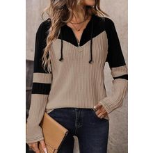 Parchment Textured Colorblock Long Sleeve Quarter Zip Drawstring Hooded Top
