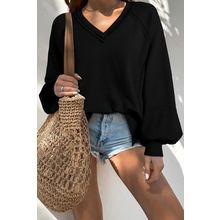 Black Exposed Seam Textured Knit V Neck Pullover Top