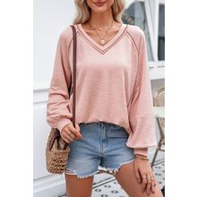 Delicacy Exposed Seam Textured Knit V Neck Pullover Top