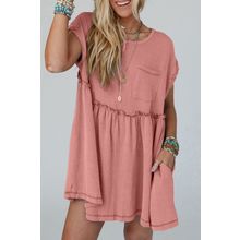 Dusty Pink Corded Knit Textured Patched Pocket Frilled Swing Mini Dress with Poc