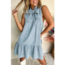Beau Blue Bowknot Neck Sleeveless Ruffled Chambray Dress