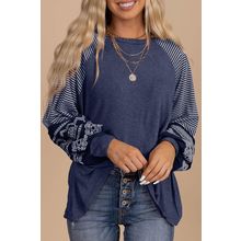 Navy Blue Contrast Print Striped Raglan Long Sleeve Loose Top