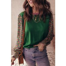 Blackish Green Floral Patchwork Shirred Cuff Puff Sleeve Sweater