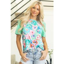 Green Floral Print Eyelet Embroidered Short Sleeve Crew Neck Top