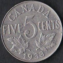 1933 Canada 5 Cents Coin