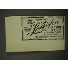 1956 L'Aiglon Restaurant Advertisement - Pre-theatre Dinner