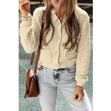 Oatmeal Pearl Buttons Popcorn Textured Sweater Cardigan