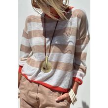Apricot Colorblock Striped Round Neck Drop Shoulder Sweater