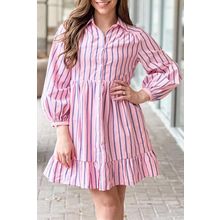Pink Stripe Ruffled Hem Button-up Collared Shirt Mini Dress