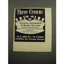 1955 Three Crowns Restaurant Ad - Revolving smorgasbord of World's Fair fame