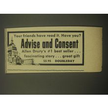 1959 Doubleday Book Advertisement - Advise and Consent by Allen Drury