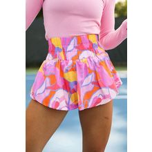 Purple Abstract Print Smock Waist Casual Shorts