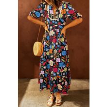 Black Retro Floral Printed Split Neck Maxi Dress