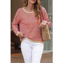 Fiery Red Contrast Trimmed Striped Drop Shoulder Sweater