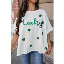 White St Patrick Lucky Clover Sequin Graphic T Shirt