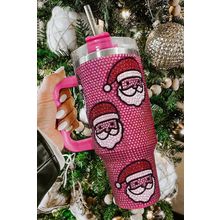 Rose Red Christmas Santa Claus Diamond Thermos Cup with Straw