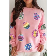 Pink Sequined Easter Egg Patched Pullover Sweatshirt