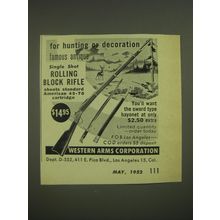 1952 Western Arms Single Shot Rolling Block Rifle Ad - For hunting or decoration