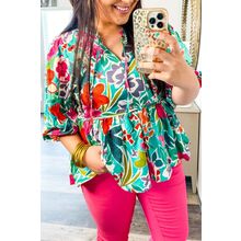 Multicolor Floral Tie Split Neck Plus Size Peplum Blouse