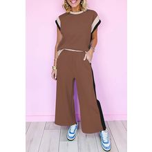 Chestnut Color Block Detail Casual Two-piece Outfit
