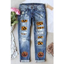 Sky Blue Halloween Pumpkin Patchwork Distressed Straight Leg Jeans