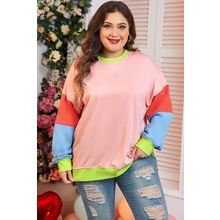 Light Pink Plus Size Colorblock Patchwork Crew Neck Sweatshirt