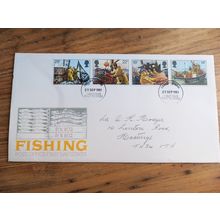 GB ROYAL MAIL FDC 1981 FISHING STAMP SET - WITH RARE LINKED HASTINGS POSTMARK