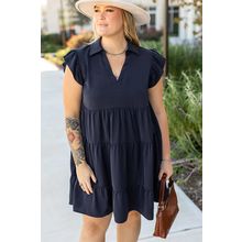 Navy Blue Collared V Neck Flutter Sleeve Tiered Plus Size Dress