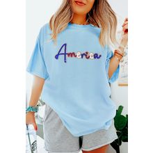Light Blue Sequin America Graphic Crewneck Patriotic T Shirt