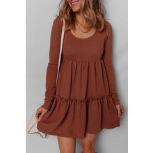 Straw Yellow Ribbed Frilled Trim High Waist Long Sleeve Mini Dress