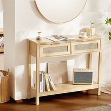 Rattan Console Table with 2 Storage Drawers Rattan Sliding Door Natural, Rat...