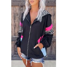 Black Leopard Color Block Pockets Zip-up Hooded Jacket