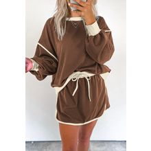 Coffee Color Contrast Loose Pullover and Lace-up Waist Skort Set