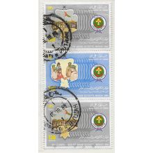 OMAN 1984 SCOUTS GUIDES ARAB CONFRENCE FLAGS VERT STRIP x3 SE-TENANT USED 130B